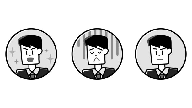 一套关于穿着西装的男士、各种面部表情的圆形图标矢量插画。一套三幅单色插画。图片下载