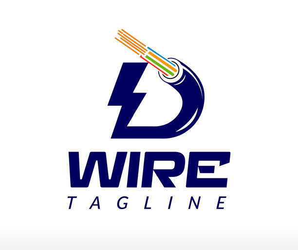 电线标志，电缆标志，电源标志，变压器线路标志，带火花的电流线，字母d闪电铜线圈工业矢量图标符号剪影插画品牌公司图片下载