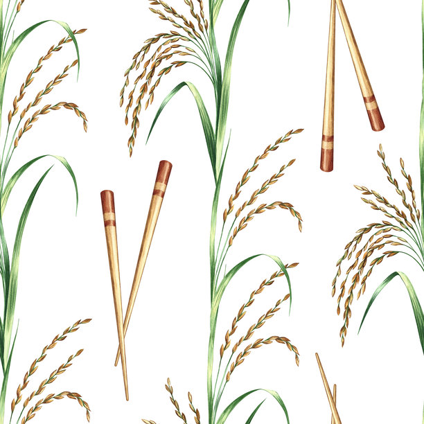 无缝图案，以稻穗和中式筷子为元素。手绘水彩插画。适用于标签、菜单、食谱和食谱书的设计元素，也可用于横幅、传单、包装等。图片下载