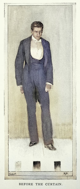 一位身着西装的演员正在等待剧院幕布拉开，维多利亚时代，19世纪90年代，19世纪复古插画，查尔斯·肯尼特·伯罗《金冠》中的场景图片下载
