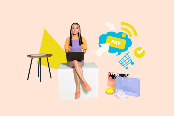 拼贴潮流杂志照片，快乐的女孩和男孩站着，手里拿着笔记本电脑、手机，显示着wifi网络、折扣、促销和购物车。图片下载