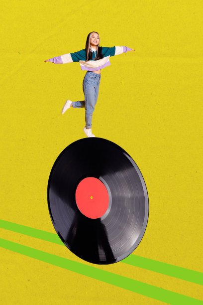 潮流合成素描模板，大尺寸黑胶唱片3D照片拼贴，年轻女子站立平衡，夜晚派对俱乐部活动休闲图片下载