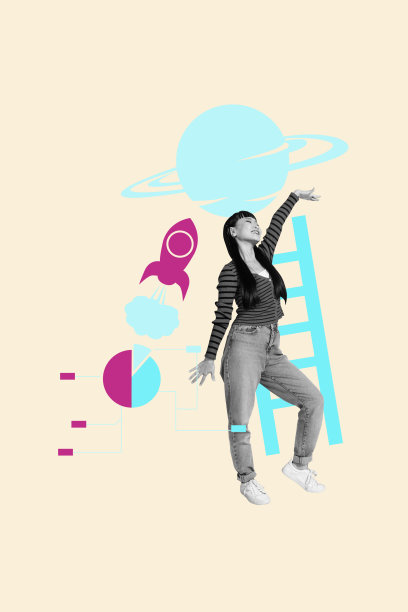 快乐的商界人士的流行垂直照片拼贴，展示了火箭发射、行星、太空、梯子、职业晋升和成功。图片下载