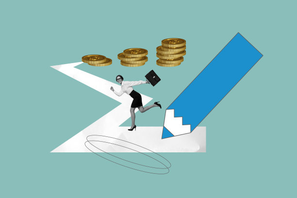 趋势艺术作品合成横幅，年轻女商人的3D照片拼贴，她奔跑、微笑、成功，周围有铅笔、硬币、薪水、市场、金融、收入和金钱。图片下载