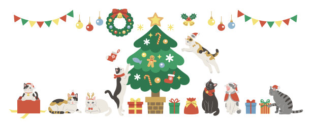 可爱的猫咪庆祝圣诞节的横幅设计。扁平卡通风格矢量插画。图片下载