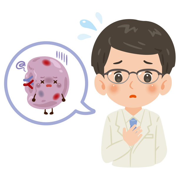 身穿白大褂的男医生与不健康脾脏角色插画，仅展示上半身图片下载