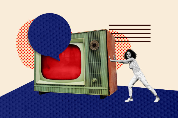 创意海报横幅 3D拼贴照片，一个困惑的女孩推动电视盒子气泡，播报假新闻、宣传、电影。图片下载