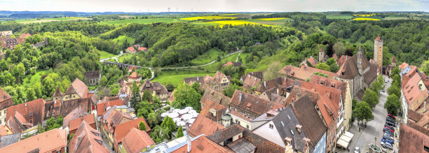 罗滕堡老城全景照片，展示了房屋屋顶、集市广场以及狭窄蜿蜒的小巷。图片下载