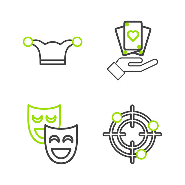 射击比赛目标运动、喜剧剧院面具、手持纸牌和带铃铛的弄臣帽子图标矢量素材图片下载