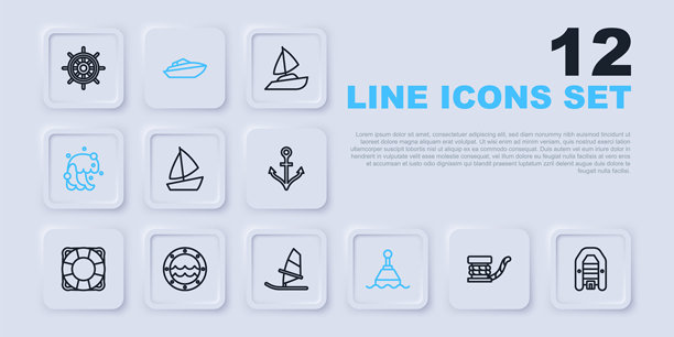 带绳索的船栓、充气艇发动机、帆船游艇、浮标、海啸、船舷窗、快艇和帆板运动图标矢量素材图片下载