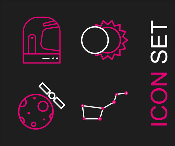 大熊星座、地球卫星、日食和宇航员头盔图标矢量素材图片下载