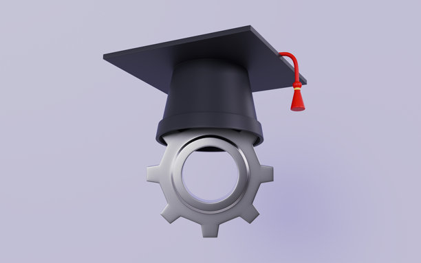 毕业帽和齿轮，教育和工作技能三维插画图片下载