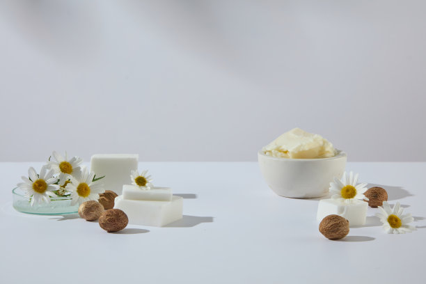 白色沙面上碗中乳木果油的摆放，配有洋甘菊和乳木果坚果。非常适合化妆品、水疗和有机产品广告。俯视角度。图片下载
