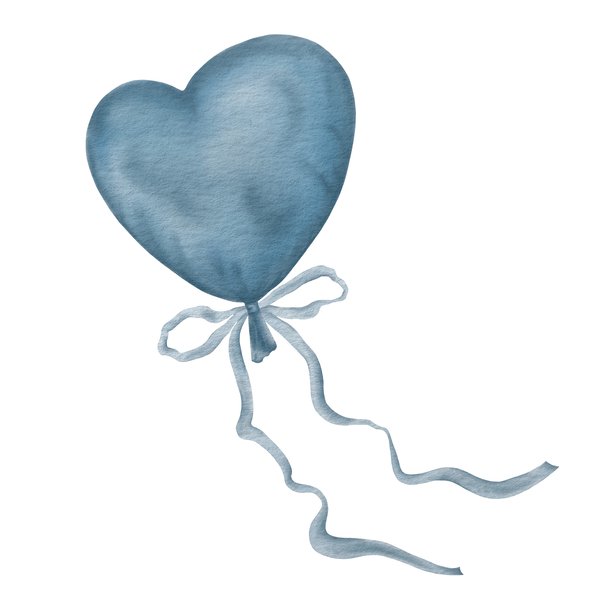 蓝心形气球和丝带的水彩插画。图片下载