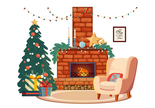 温馨的圣诞节室内装饰，配有舒适的壁炉、装饰过的圣诞树、礼物和扶手椅。充满舒适和欢乐的节日设计，圣诞家庭矢量插画，适用于贺卡、横幅。图片下载