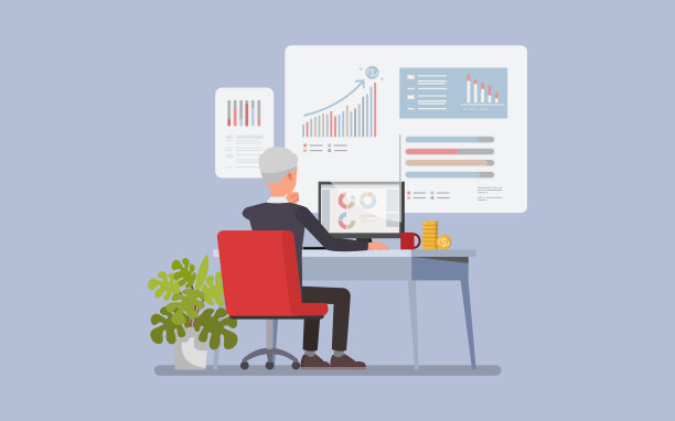 财务规划概念。一位商务人士在办公室工作，周围环绕着图表、财务报告和电脑。矢量人物插画设计。图片下载
