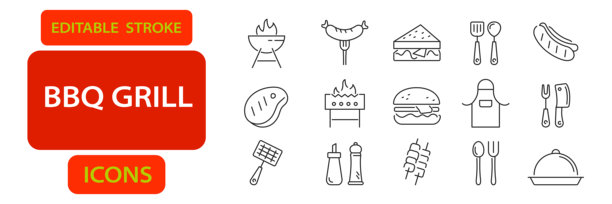 烧烤图标，包括香肠、牛排、烤架、汉堡、围裙、肉叉、烤肉串和厨房用具，可编辑描边图片下载
