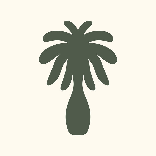 简约手绘棕榈树剪影图标。极简热带夏日符号矢量。深绿色涂鸦棕榈树插画。适用于旅行和海滩的扁平化设计植物元素。极简热带丛林叶子图标。图片下载