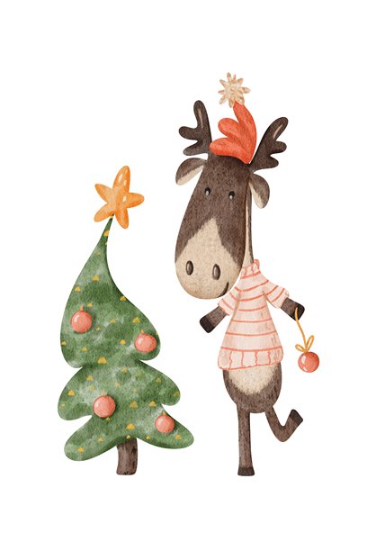 可爱的圣诞驯鹿和装饰的圣诞树，节日冬季假期的动物插画，圣诞节剪贴画图片下载