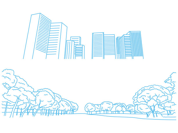 公园里长满了树，远处还有一群摩天大楼。城市景观。背景素材。线条画插画。图片下载