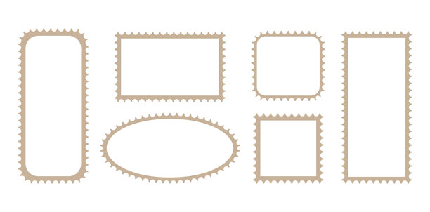 带轮廓边缘的邮票图案，矢量图。用于方形和矩形邮件的邮资边框。用于剪切照片和图形的旅行信函标签模板设计。复古空白标记样本。图片下载