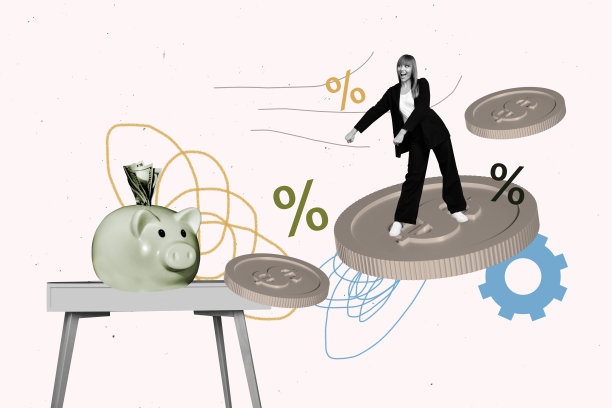 趋势艺术草图 3D 照片拼贴画 年轻女子 微笑 跳舞 巨大 硬币 百分比 齿轮 储蓄 投资 经济 收入 市场 储蓄罐图片下载