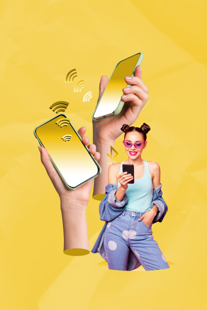 杂志风潮流竖版拼贴照片，一位快乐的商人和一位快乐的女商人在电话旁，展示无线5G连接速度和WiFi路由器图片下载