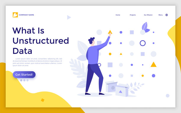 非结构化数据着陆页模板。网页设计中未经组织的信息矢量插图。数据库处理工作。Web应用程序开发素材banner图片下载