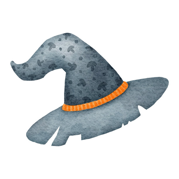 可爱的水彩女巫帽剪贴画。异想天开的手绘万圣节插画。孤立在白色背景上。是派对请柬、贴纸和季节性装饰的完美幽灵般和魔法元素。图片下载