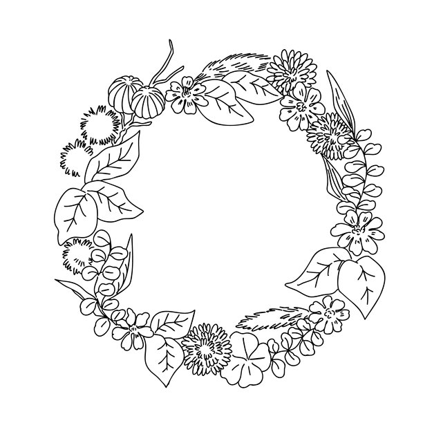 时尚的秋季植物和叶子花环，手绘插画，单色图片下载