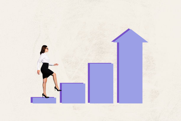 潮流波普艺术风格的3D照片拼贴，描绘一位快乐的女商人在职业阶梯上行走，箭头代表晋升机会、目标、成就和成功。图片下载