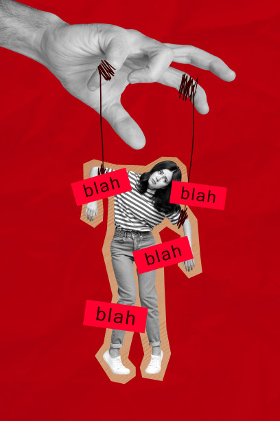 竖版艺术插画风格的图片拼贴，一个情绪失落的女孩，操控绳子的手，玩偶操控，虚假新闻，宣传图片下载