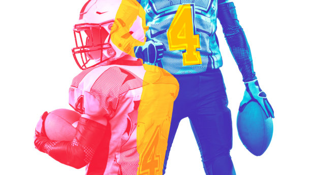 身着对比色服装的美式橄榄球运动员，色彩鲜艳的构图象征着团队合作。寓意双重力量，可用于体育宣传、大学项目和运动品牌推广。图片下载