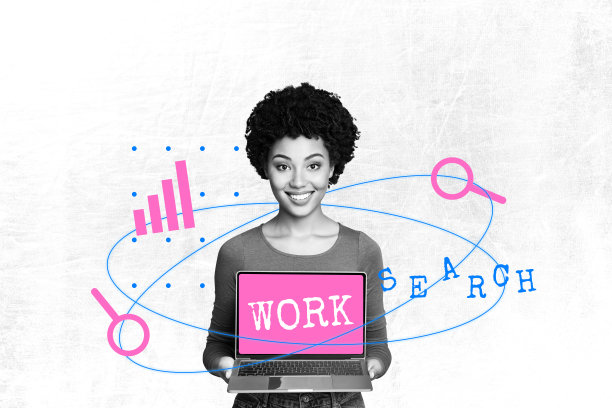 年轻女士微笑手持电脑工作的3D照片拼贴模板潮流艺术作品草图，在线搜索失业、创业、失业图片下载