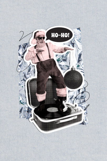 垂直照片 时尚图像 快乐老爷爷圣诞老人跳舞的3D照片拼贴 复古黑胶唱片机 新年场合 休闲图片下载