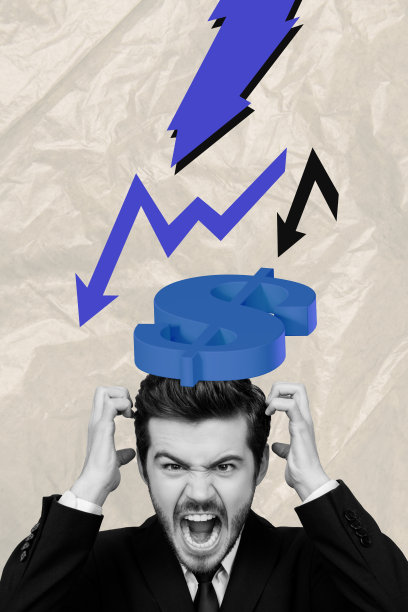 趋势艺术作品合成横幅，分析图形、目标、商业、年轻男性尖叫、压力、箭头向下、危机的三维照片拼贴图片下载