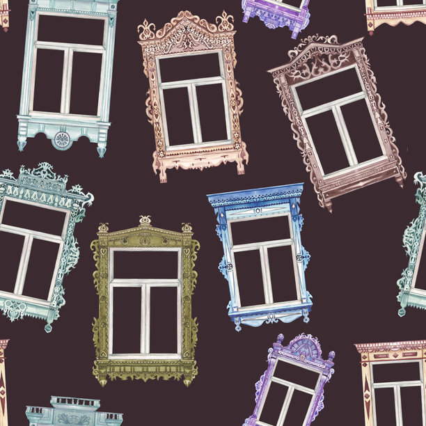 带有精美雕刻细节的俄罗斯传统木制窗框。复古建筑元素的تمل画水彩插画，斯拉夫民间风格装饰，孤立在白色背景上。图片下载