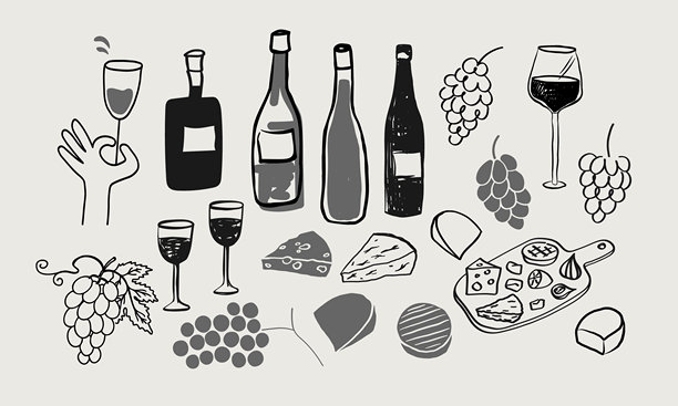 葡萄酒、葡萄、奶酪的素描。各种葡萄酒瓶、酒杯、葡萄园、酒庄的矢量插画。博若莱新酒节、品酒会、标签、卡片的创意元素。饮品派对。图片下载