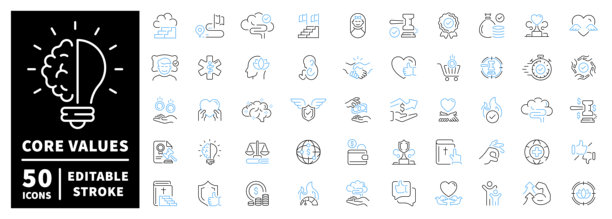 核心价值观图标集。可编辑的线条图标，轮廓，道德和原则图形图片下载