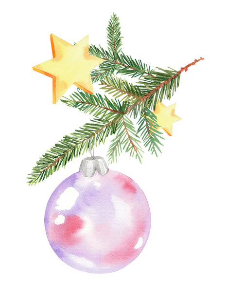 圣诞树玩具挂在一根冷杉树枝上，旁边还有星星。适用于面料、壁纸、包装纸、贺卡、设计、装饰和插画。图片下载