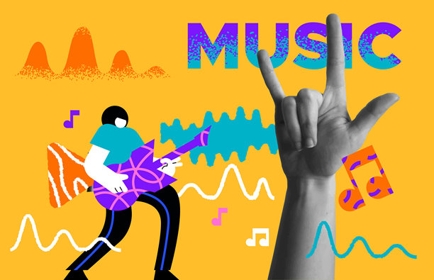 男音乐家弹奏摇滚吉他复古拼贴插画图片下载