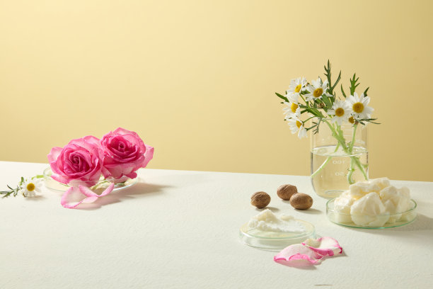 中性背景上，展示着未加工乳木果油块、粉色玫瑰和新鲜洋甘菊的简约画面。非常适合有机美容概念的食材静物摄影。图片下载