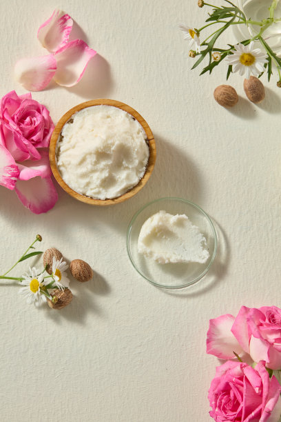 垂直静物，整齐地摆放着乳木果油块、玫瑰和洋甘菊。干净的有机美容概念照片，背景光线柔和。图片下载