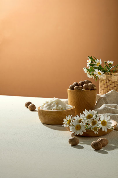 垂直镜头拍摄的乳木果油霜、洋甘菊和坚果，优雅地摆放在温暖的背景上。非常适合有机化妆品摄影。图片下载
