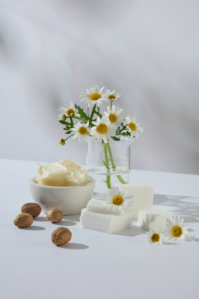 柔光拍摄的乳木果油块、乳木果和洋甘菊，布置极简。宁静的自然构图，适合水疗、美容和化妆品视觉。广告摄影图片下载