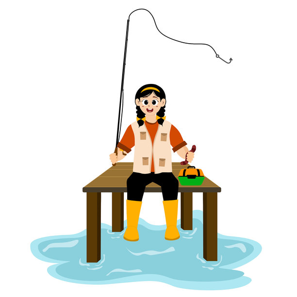 钓鱼矢量插画。女渔夫和鱼。钓鱼者的概念插画。钓鱼爱好活动。人们在池塘、湖泊或河流中钓鱼。图片下载
