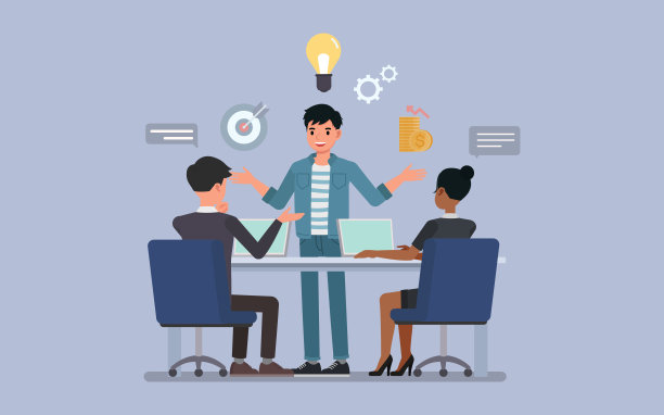 创业概念。一位穿着蓝色牛仔裤的商人，在现代联合办公空间向一小群团队展示他的创业理念。人物矢量插画设计。图片下载