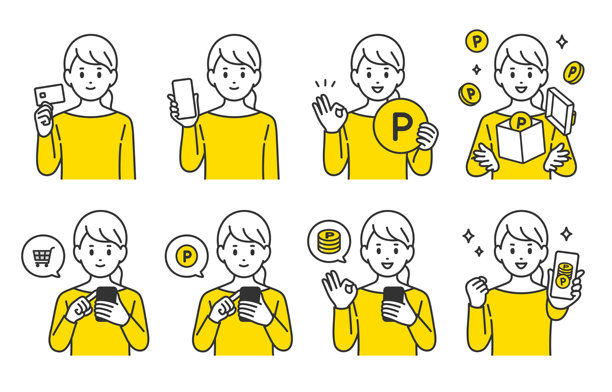 年轻女子使用信用卡和智能手机购物并赚取积分【矢量图／插画／人物】图片下载