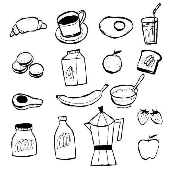 手绘早餐食物涂鸦集。包含咖啡、鸡蛋、水果、牛奶和羊角面包的晨间餐点图标集。矢量素描插画。图片下载