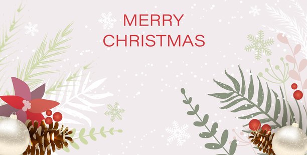 一张节日问候卡，设计喜庆，带有绿色花卉、叶子、红色冬青浆果和白色雪花，背景为浅米色，并带有‘圣诞快乐’字样，留有供您添加文字的空间。图片下载